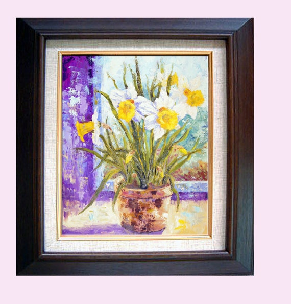 Antique oil painting still life Spring floral botanical art impressionist Impasto landscaping biophilia room freshenerTulip Daffodil 19th c.