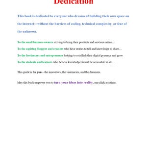 Puede incluir: P&aacute;gina de dedicatoria de un libro sobre la creaci&oacute;n de una presencia en l&iacute;nea. El texto anima a los aspirantes a empresarios, blogueros y creadores a convertir sus ideas en realidad.