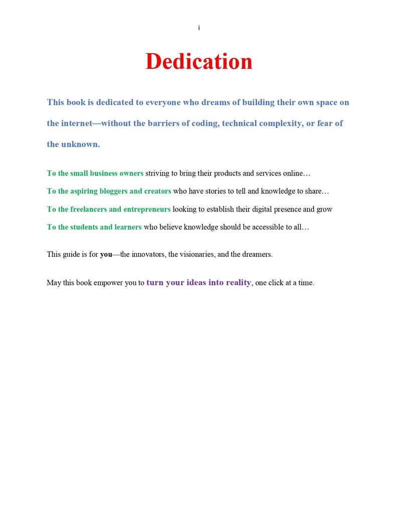 Puede incluir: P&aacute;gina de dedicatoria de un libro sobre la creaci&oacute;n de una presencia en l&iacute;nea. El texto anima a los aspirantes a empresarios, blogueros y creadores a convertir sus ideas en realidad.