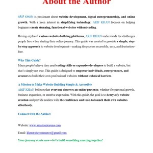Puede incluir: Una portada de libro con el t&iacute;tulo "About the Author" en texto rojo. El nombre del autor, ARIF KHAN, se menciona varias veces en el texto. El libro trata sobre el desarrollo de sitios web y el crecimiento en l&iacute;nea. El sitio web y la direcci&oacute;n de correo electr&oacute;nico del autor se enumeran en la parte inferior de la p&aacute;gina.