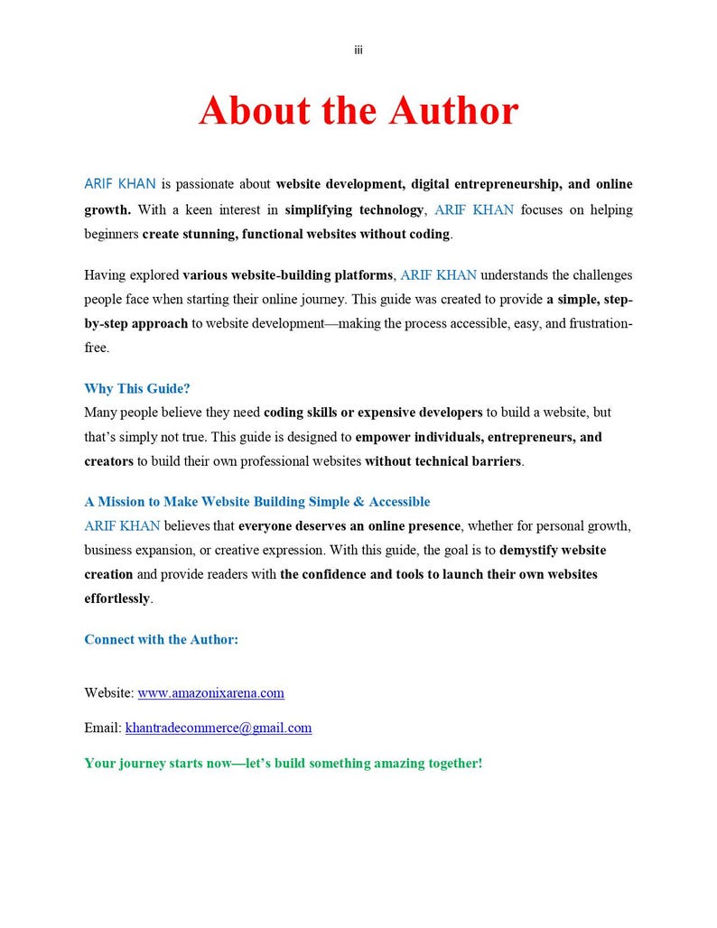 Puede incluir: Una portada de libro con el t&iacute;tulo "About the Author" en texto rojo. El nombre del autor, ARIF KHAN, se menciona varias veces en el texto. El libro trata sobre el desarrollo de sitios web y el crecimiento en l&iacute;nea. El sitio web y la direcci&oacute;n de correo electr&oacute;nico del autor se enumeran en la parte inferior de la p&aacute;gina.