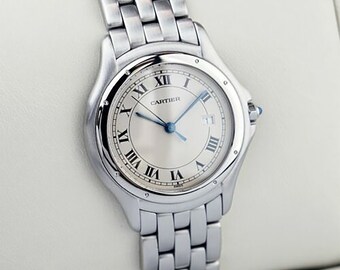 Cartier Panthere Cougar cuarzo esfera blanca fecha índice romano LM reloj para hombre