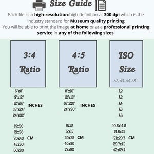 May include: A size guide for printing images at home or with a professional printing service. The guide shows different aspect ratios and standard paper sizes in inches and centimetres.