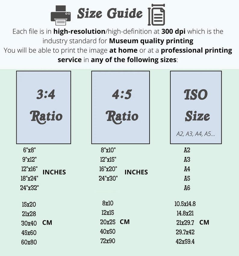 May include: A size guide for printing images at home or with a professional printing service. The guide shows different aspect ratios and standard paper sizes in inches and centimetres.