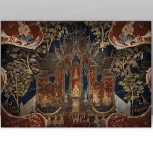 May include: A detailed painting depicting a traditional Thai temple with intricate carvings and vibrant colours. The temple is surrounded by lush greenery and features a golden roof and ornate decorations.