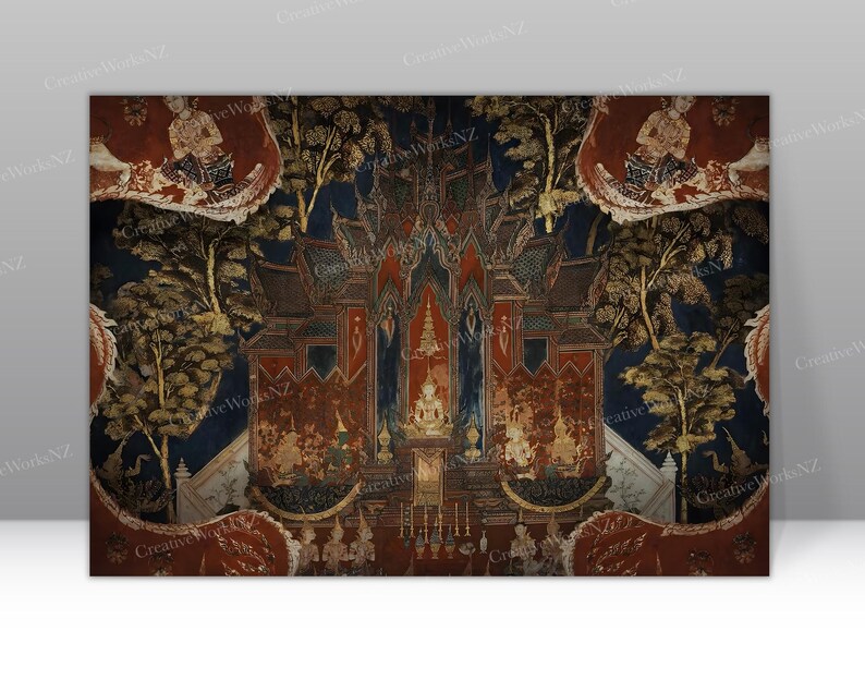 May include: A detailed painting depicting a traditional Thai temple with intricate carvings and vibrant colours. The temple is surrounded by lush greenery and features a golden roof and ornate decorations.