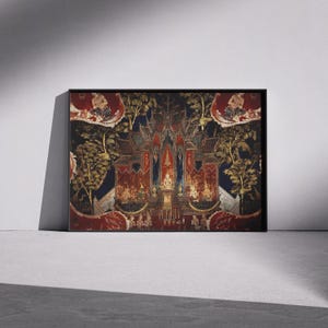 May include: A framed artwork depicting a traditional Thai temple with intricate details and vibrant colours. The temple is surrounded by lush greenery and a blue sky. The artwork is framed in black.
