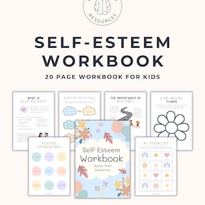 Può includere: Un quaderno di esercizi sull'autostima per bambini con il titolo "Self-Esteem Workbook" e il testo "20 Page Workbook for Kids". La copertina presenta disegni floreali e il logo Better Mind Resources. Altre pagine includono "What is Self-Esteem?" e "Positive Affirmations".