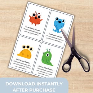 May include: Four illustrated monster cards with text descriptions, including an orange monster, a blue octopus-like monster, a yellow monster, and a green worm-like monster. A pair of black-handled scissors is on the right. The text "DOWNLOAD INSTANTLY AFTER PURCHASE" is at the bottom.