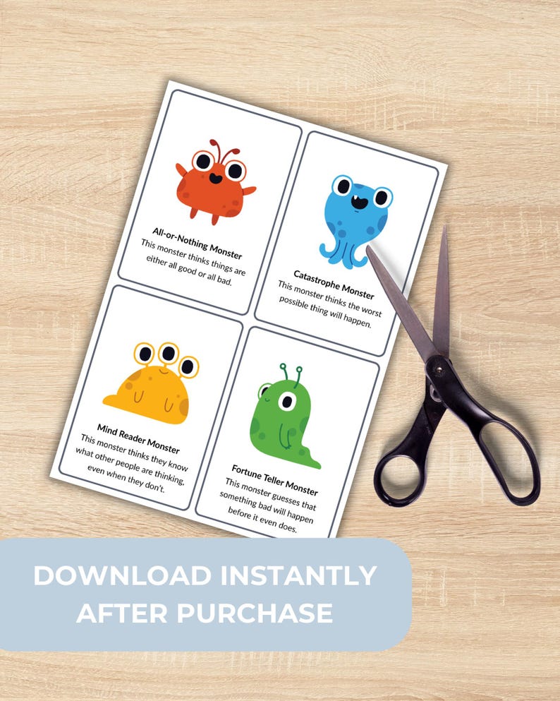 May include: Four illustrated monster cards with text descriptions, including an orange monster, a blue octopus-like monster, a yellow monster, and a green worm-like monster. A pair of black-handled scissors is on the right. The text "DOWNLOAD INSTANTLY AFTER PURCHASE" is at the bottom.