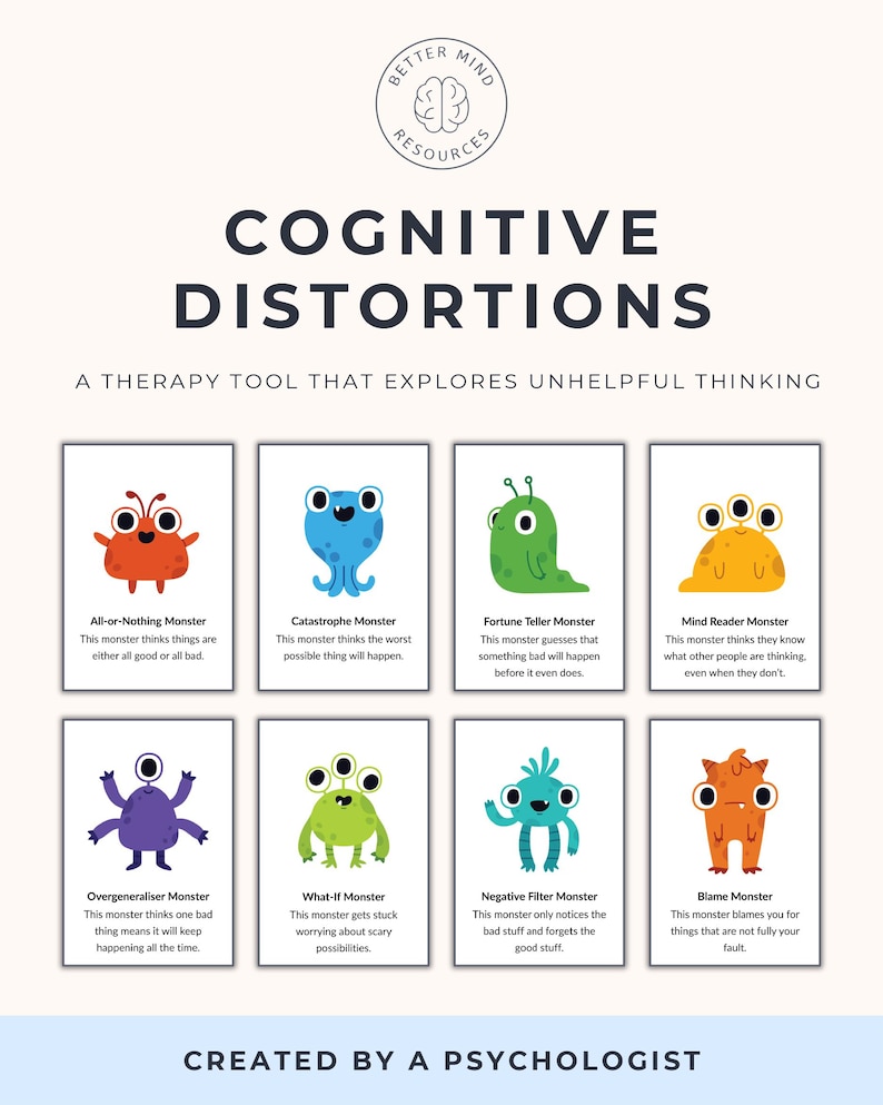 May include: A poster titled "Cognitive Distortions" with illustrations of cartoon monsters representing different types of negative thinking. The poster includes text explaining each distortion, such as "All-or-Nothing Monster" and "Catastrophe Monster."