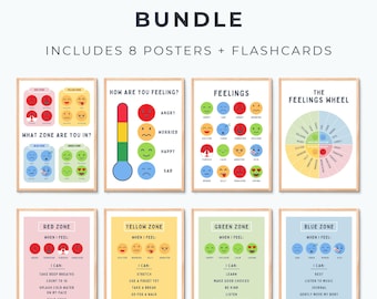 Può includere: Un pacchetto Zones of Regulation che include otto poster educativi con testo, faccine in stile emoji e grafici a colori. I poster mostrano sentimenti, una ruota delle emozioni e strategie per le zone emotive rossa, gialla, verde e blu.