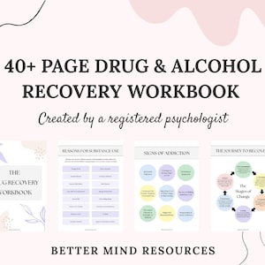 May include: A digital workbook titled "The Drug Recovery Workbook" with a purple and white floral design. The workbook is part of a 40+ page drug and alcohol recovery workbook created by a registered psychologist. The workbook includes sections on reasons for substance use, signs of addiction, and the journey to recovery.