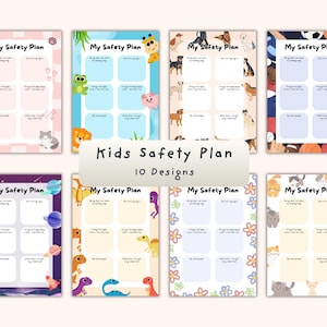 May include: A collection of ten colorful "My Safety Plan" printable sheets for kids. Each design features a different theme, including animals, space, and flowers. The sheets have fill-in-the-blank sections for safety planning.
