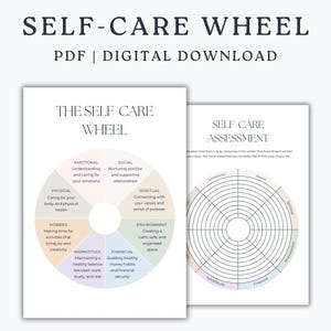 May include: A digital self-care wheel and assessment chart featuring pastel-colored segments labeled Emotional, Social, Spiritual, Environment, Financial, Work/Study, and Hobbies. The text includes Self-Care Wheel, PDF, Digital Download, and Instant Download.