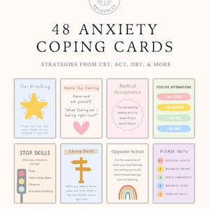 May include: A set of 48 anxiety coping cards featuring strategies from CBT, ACT, and DBT. The cards display various pastel colors and include text such as Star Breathing, Name the Feeling, Radical Acceptance, Positive Affirmations, Stop Skills, Choice Point, Opposite Action, and PLEASE Skills with illustrations like a star, heart, traffic light, signpost, and rainbow.