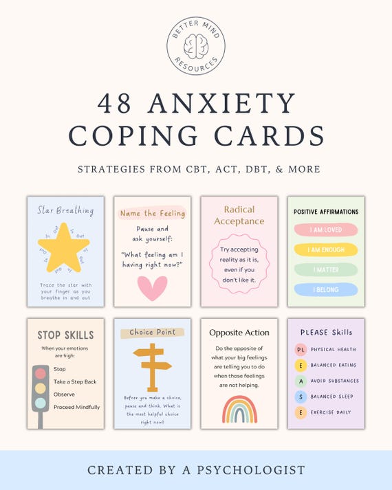 Anxiety Coping Skills Cards, DBT CBT ACT Strategies, Emotional Regulation Tools (Digital Download)