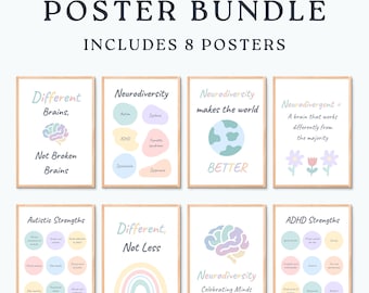 Pósteres sobre neurodiversidad para niños / Decoración para aulas y salas de terapia / Afirmaciones sobre autismo y TDAH / Pósteres imprimibles sobre salud mental