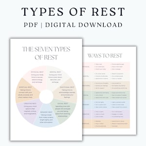 May include: A digital download document titled Types of Rest featuring a circular diagram of seven rest categories including physical, mental, emotional, social, sensory, creative, and spiritual, alongside a list of ways to rest in a table format.