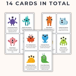 May include: A set of 14 illustrated cards featuring colorful cartoon monsters, each representing a different negative thought pattern. The cards have text describing each monster and are labeled "Better Mind Resources".
