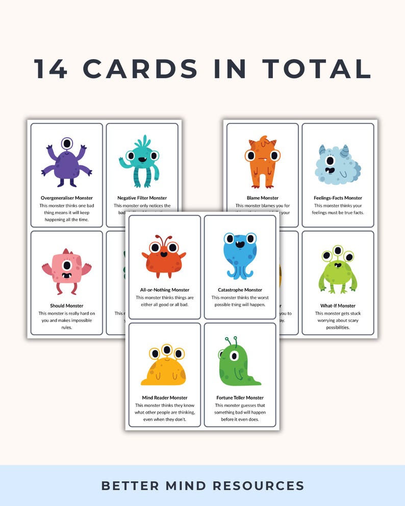 May include: A set of 14 illustrated cards featuring colorful cartoon monsters, each representing a different negative thought pattern. The cards have text describing each monster and are labeled "Better Mind Resources".