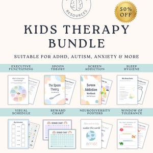 Könnte beinhalten: Ein Bundle mit druckbaren Therapie-Ressourcen für Kinder, darunter visuelle Zeitpläne, Belohnungstabellen und Arbeitsbücher. Das Bundle ist geeignet für ADHS, Autismus, Angstzustände und mehr. Der Text "KIDS THERAPY BUNDLE" und "50% OFF" ist enthalten.