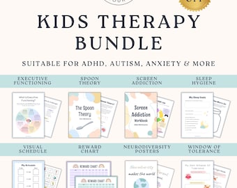 Paquete de terapia infantil / Hojas de trabajo sobre salud mental / Autismo, TDAH, ansiedad, funciones ejecutivas, tiempo frente a las pantallas, regulación emocional, sueño