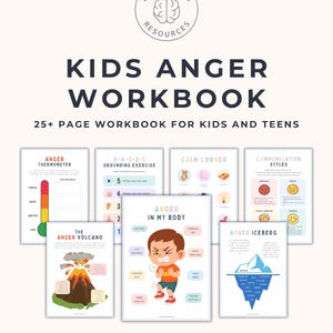 以下が含まれることがあります： 「KIDS ANGER WORKBOOK」というタイトルのワークブックで、「25+ PAGE WORKBOOK FOR KIDS AND TEENS」というテキストが入っています。表紙にはロゴと、怒りの管理に関するイラストとテキストが掲載された複数のページがあり、怒りの温度計や氷山などが含まれています。