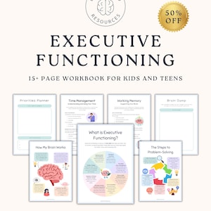 Puede incluir: Un cuaderno de trabajo titulado "Executive Functioning" para niños y adolescentes, con páginas sobre gestión del tiempo y resolución de problemas. La portada incluye el texto "Better Mind Resources" y un sello de "50% de descuento".