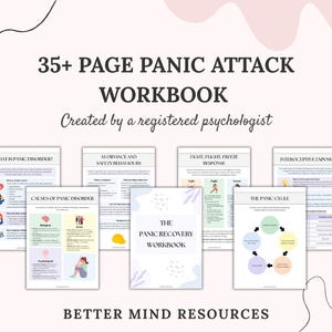 以下が含まれることがあります： 登録心理士が作成した、35ページ以上のパニック発作ワークブック。パニック障害、回避行動と安全行動、パニックサイクルに関する情報が含まれています。「パニック回復ワークブック」と表紙に書かれています。