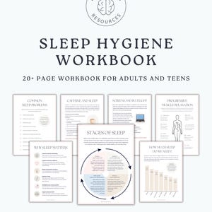 Könnte beinhalten: Ein über 20-seitiges Arbeitsbuch zur Schlafhygiene für Erwachsene und Jugendliche mit dem Better Mind Resources Logo, dem Titel Sleep Hygiene Workbook und Seiten zu Schlafproblemen, Koffein, Bildschirmen und Entspannung.