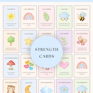 Peut inclure: Un ensemble de 56 cartes de force avec des illustrations à l'aquarelle et des affirmations positives. Chaque carte présente un thème différent, comme le courage, la créativité et la gentillesse, avec des images correspondantes. Les cartes sont conçues pour l'introspection.