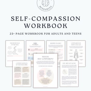 Könnte beinhalten: Ein über 25-seitiges Selbstmitgefühls-Arbeitsbuch für Erwachsene und Jugendliche von Better Mind Resources. Das Deckblatt und die Innenseiten enthalten Texte zu Themen wie die Bedeutung von Fehlern, die RAIN-Technik und Selbstmitgefühl.