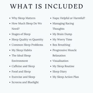 Op de afbeelding: Een wit informatiedocument getiteld WHAT IS INCLUDED met een lijst van slaapgerelateerde onderwerpen zoals Why Sleep Matters, Stages of Sleep en Box Breathing. Onderaan staat de tekst BETTER MIND RESOURCES op een lichtroze horizontale balk.