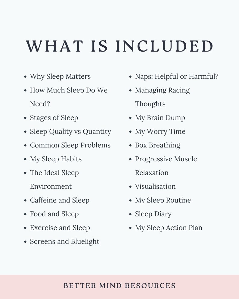 Op de afbeelding: Een wit informatiedocument getiteld WHAT IS INCLUDED met een lijst van slaapgerelateerde onderwerpen zoals Why Sleep Matters, Stages of Sleep en Box Breathing. Onderaan staat de tekst BETTER MIND RESOURCES op een lichtroze horizontale balk.