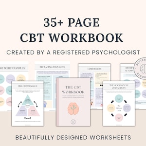 Könnte beinhalten: Ein CBT-Arbeitsbuch mit dem Text "35+ PAGE CBT WORKBOOK" und "CREATED BY A REGISTERED PSYCHOLOGIST". Das Arbeitsbuch enthält Arbeitsblätter zu Kernüberzeugungen, dem Umdenken von Gedanken und dem CBT-Dreieck. Das Cover hat eine Gehirngrafik.