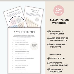 Op de afbeelding: Een slaaphygi&euml;ne-werkboek met 20+ pagina's met werkbladen getiteld My Sleep Habits, Stages of Sleep en How Much Sleep Do We Need. Het document bevat checklists voor dagelijkse gewoonten, slaapcyclusdiagrammen en aanbevelingen per leeftijd.