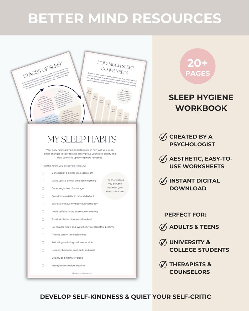 Op de afbeelding: Een slaaphygi&euml;ne-werkboek met 20+ pagina's met werkbladen getiteld My Sleep Habits, Stages of Sleep en How Much Sleep Do We Need. Het document bevat checklists voor dagelijkse gewoonten, slaapcyclusdiagrammen en aanbevelingen per leeftijd.