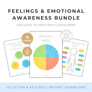 May include: A digital bundle titled Feelings & Emotional Awareness Bundle with 16 emotions flashcards, 15 pages, and PDF format. It includes a Feelings Wheel, a Thoughts, Feelings & Actions diagram, and a Body Feelings Map for Anger in US Letter size.