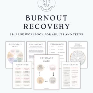 Op de afbeelding: Een werkboek van 15+ pagina's getiteld Burnout Recovery door Better Mind Resources. Het document bevat pagina's over de zeven soorten rust, definities van een burn-out, energievreters, een rustbeoordeling, burn-out mythen en de burn-out cyclus.