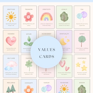May include: A set of 64 values cards featuring watercolour illustrations and descriptive text for each concept. The cards are arranged in a grid, with a central circular overlay displaying the text VALUES CARDS and the title 64 VALUES CARDS above.