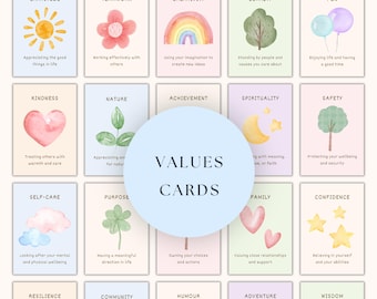 Tarjetas de valores para niños, adolescentes y adultos, 64 tarjetas didácticas de valores imprimibles, recurso para la terapia ACT, herramienta de orientación escolar, actividad de salud mental.