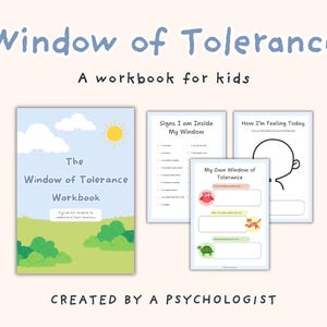 Puede incluir: Un cuaderno de trabajo para niños titulado "Window of Tolerance", con el texto "A workbook for kids" en la parte superior. La portada muestra un cielo azul, un sol, nubes y hierba verde. Páginas adicionales incluyen "Signs I am Inside My Window" y "How I'm Feeling Today."