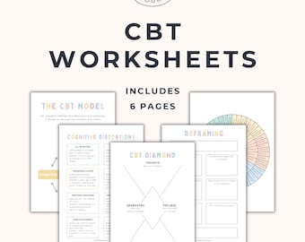 Cuaderno de ejercicios de TCC para desafiar los pensamientos / Registro de pensamientos, Diamante de TCC, Rueda de distorsiones cognitivas y sentimientos / Hojas de trabajo de terapia en PDF