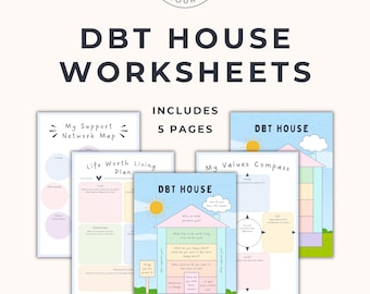 Paquete de hojas de trabajo de DBT House / Plan para una vida que vale la pena vivir / Brújula de valores / Mapa de la red de apoyo / Actividades de terapia DBT para adolescentes y adultos