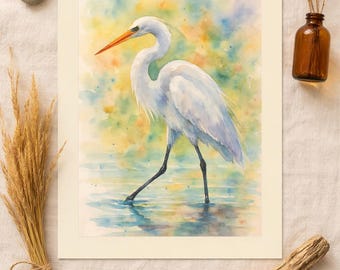 Egret Wall Art Print | Watercolor Heron Bird Poster | Printable Digital Download, 4 Sizes