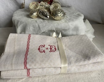 Antique French Cotton Tea Towel: Red Stripe Monogram, Farmhouse Kitchen Decor