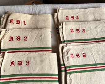 Vintage Tea Towels, set Dishcloths Red Green Stripes Monograms MB/ housewarming gift, French Decor