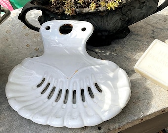 Antique Enamel Soap Dish: White Shell Design, French Country Decor