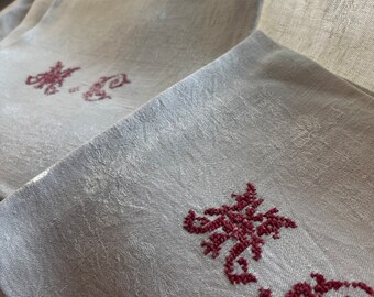 Vintage Cotton Serviettes, Monogram MC French Table Linen. Damask Napkin Dishcloths. Red Hand Embroidery.House warming gift: 6pc